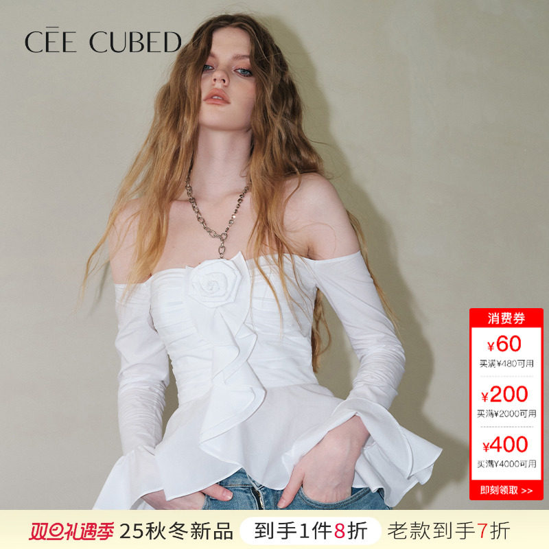 CEECUBED一字肩喇叭袖衬衫上衣