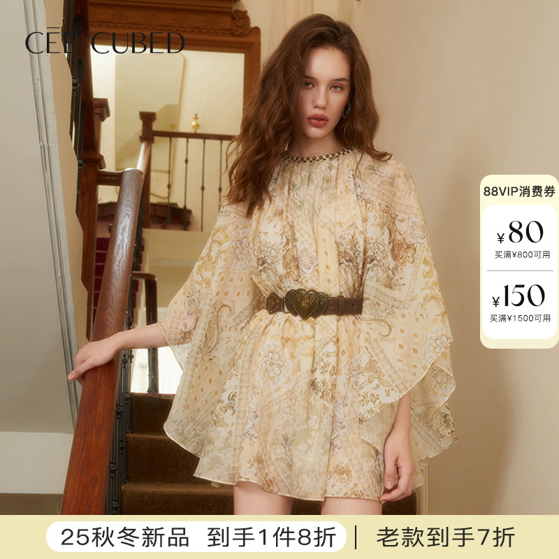 CEECUBED古典印花蝙蝠袖蓬蓬裙