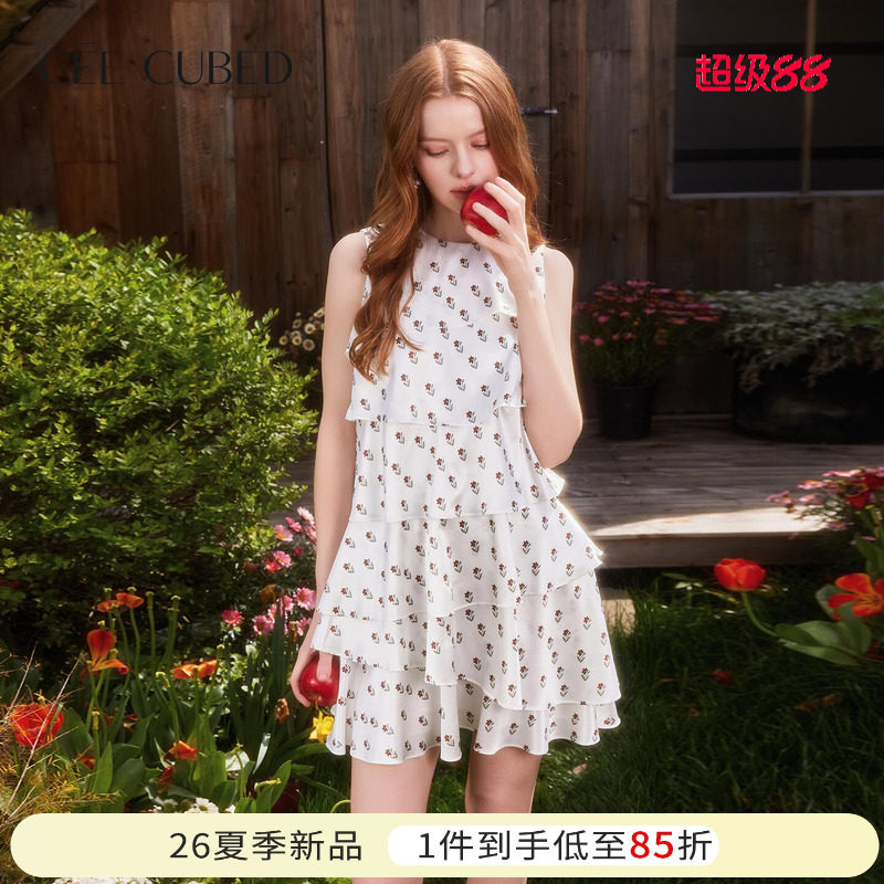 ELLIGIOI浪漫小花缎面感层叠荷叶边小A版无袖连衣裙女26夏季新款