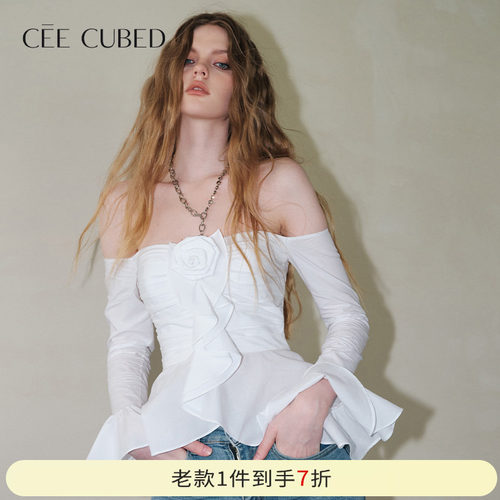 CEECUBED一字肩喇叭袖衬衫上衣