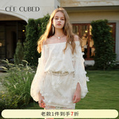 新款 CEE CUBED立体花朵钉珠蕾丝一字肩温柔风连衣裙女2025春季