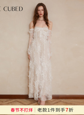 CEE CUBED白色蕾丝立体花朵长袖一字肩抹胸长裙连衣裙25早秋新款