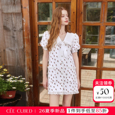 ELLIGIOI浪漫小花法式花边蝴蝶结泡泡袖贴袋连衣裙女2026夏季新款