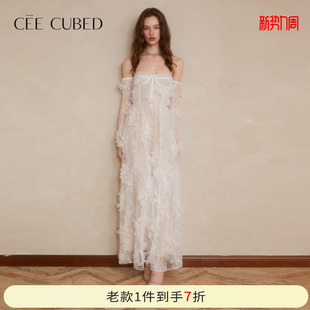 CEE CUBED白色蕾丝立体花朵长袖一字肩抹胸长裙连衣裙25早秋新款