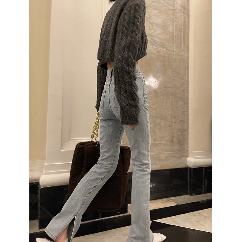 显瘦开叉浅色牛仔裤高腰小脚裤