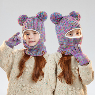 儿童加绒面罩围脖冬季脑子围巾一体男女童只露眼睛的帽子手套套装