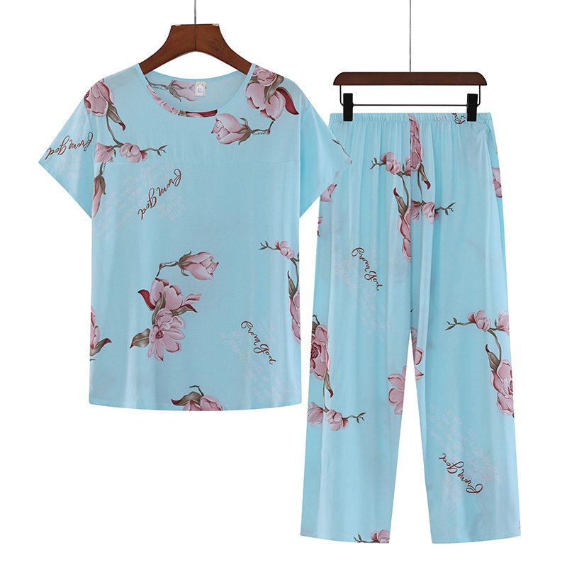 妈妈七分裤东方绸睡衣棉球衣服女装东风尼呢套装老人棉绸家居服夏