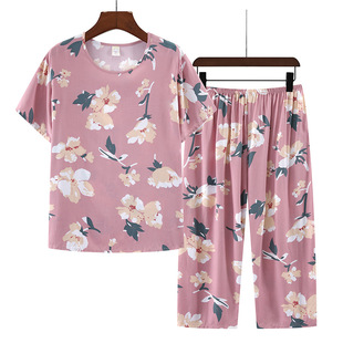 老人棉绸家居服 妈妈短袖 七分裤 东方绸睡衣棉球衣服女装 东风尼套装
