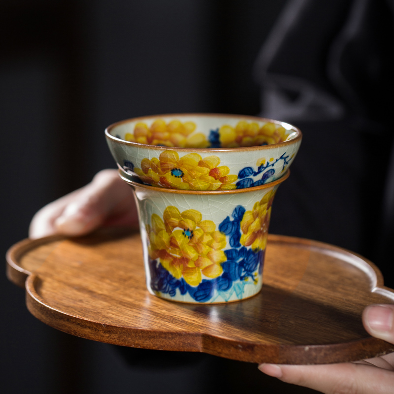 枭窑手工手绘陶泥牡丹茶漏柴窑