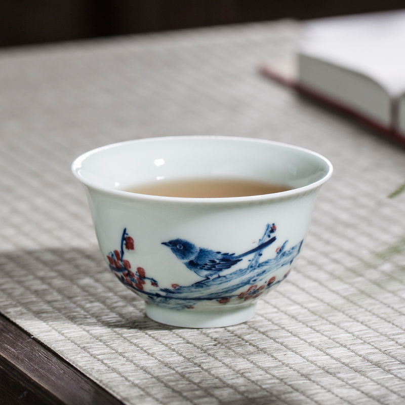 枭窑手工手绘红梅鹊杯釉里红