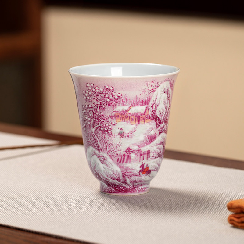 枭窑手工手绘玛瑙红雪景闻香杯