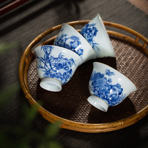 枭窑手工手绘梅兰竹菊四杯品茗杯