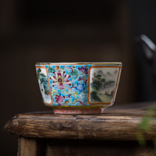 枭窑手工手绘山水花卉六方杯