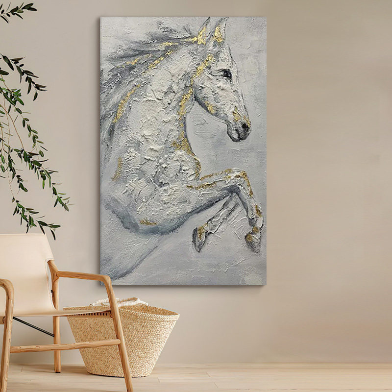 高级灰马到成功骏马手绘油画轻奢装饰画客厅挂画玄关立体厚肌理画