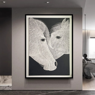 大芬油画村高端纯手绘油画玄关装饰画双马黑白客厅沙发办公室挂画