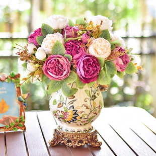 客厅花瓶摆件复古陶瓷欧式美式装饰餐桌仿真花插花花艺高级感花器