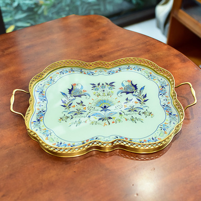 高档黄铜托盘茶盘客厅茶几餐桌轻奢美式晶瓷画零食水果装饰收纳盘