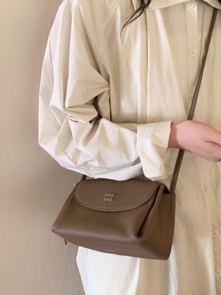 Brown crossbody handbag worn with a cream button-up dress