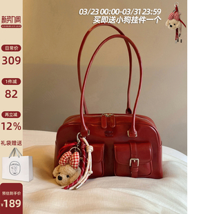 南风Chio2nd 桑巴酒廊枕头包包女红色复古波士顿手提包通勤单肩包