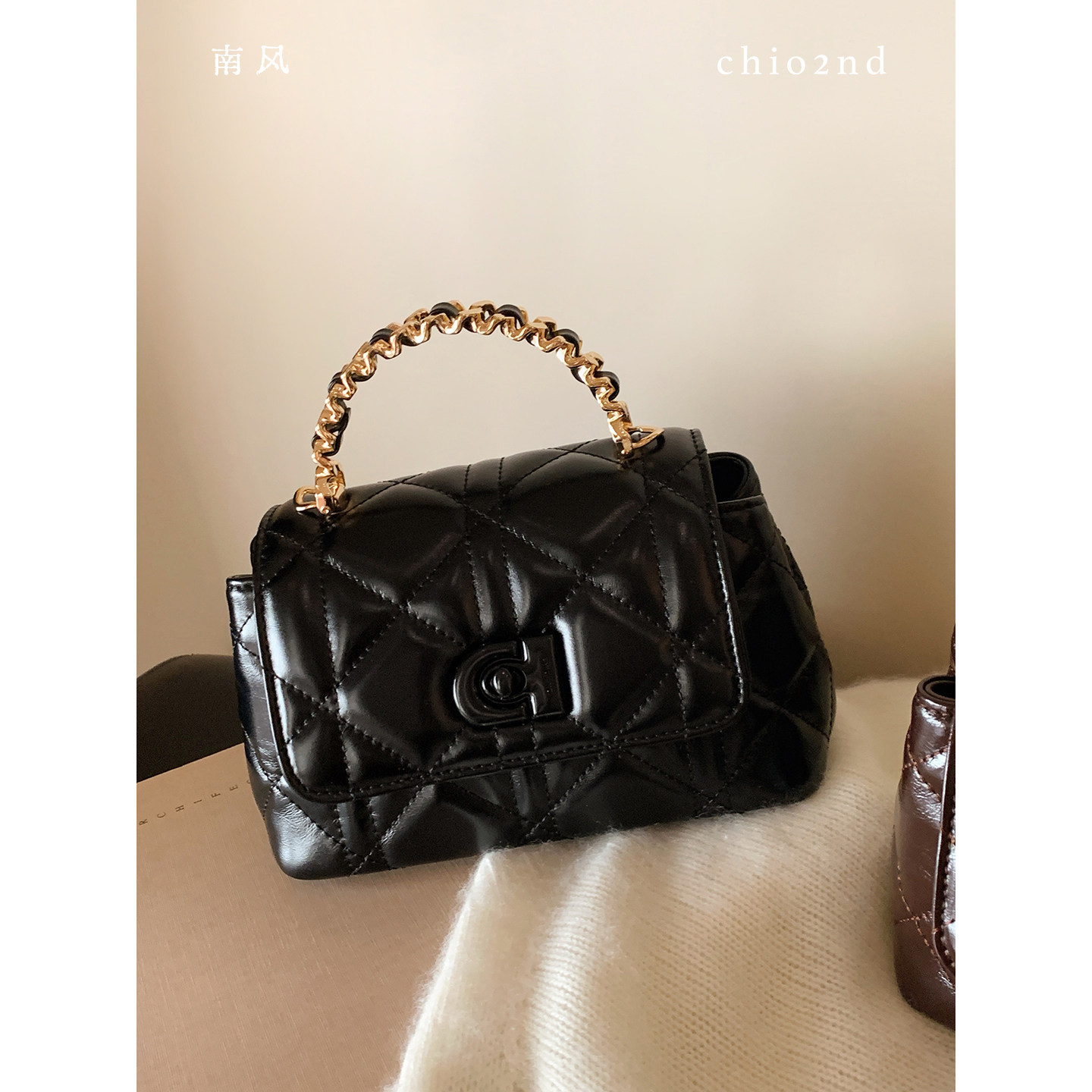 南风Chio2nd 荣耀巴黎小方包包女黑色菱格手提包百搭单肩斜挎小包