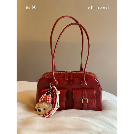 南风Chio2nd 桑巴酒廊枕头包包女红色复古波士顿手提包通勤单肩包