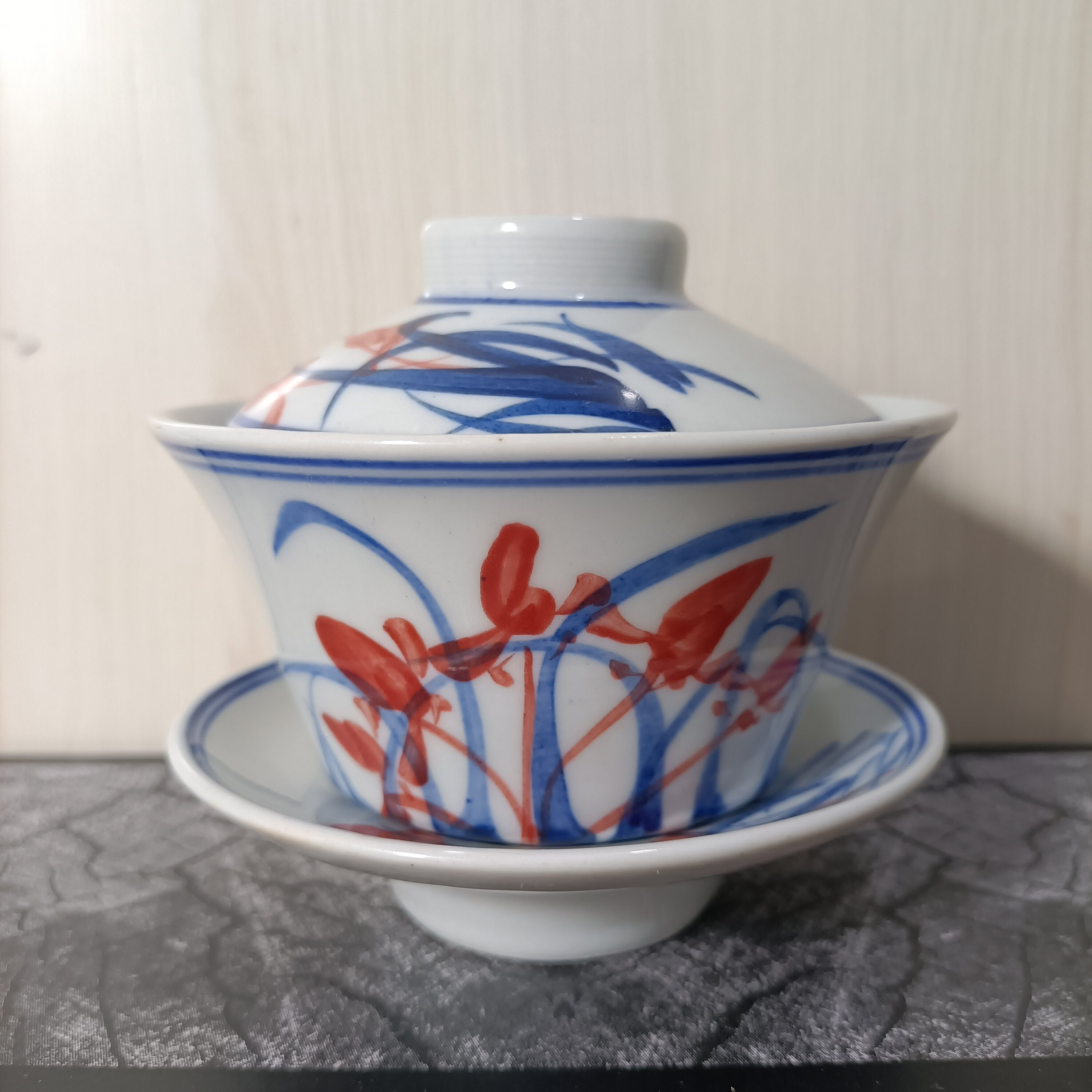 景德镇陶瓷八十年代人民瓷厂老库存全手绘兰花三才盖碗厂货瓷收藏