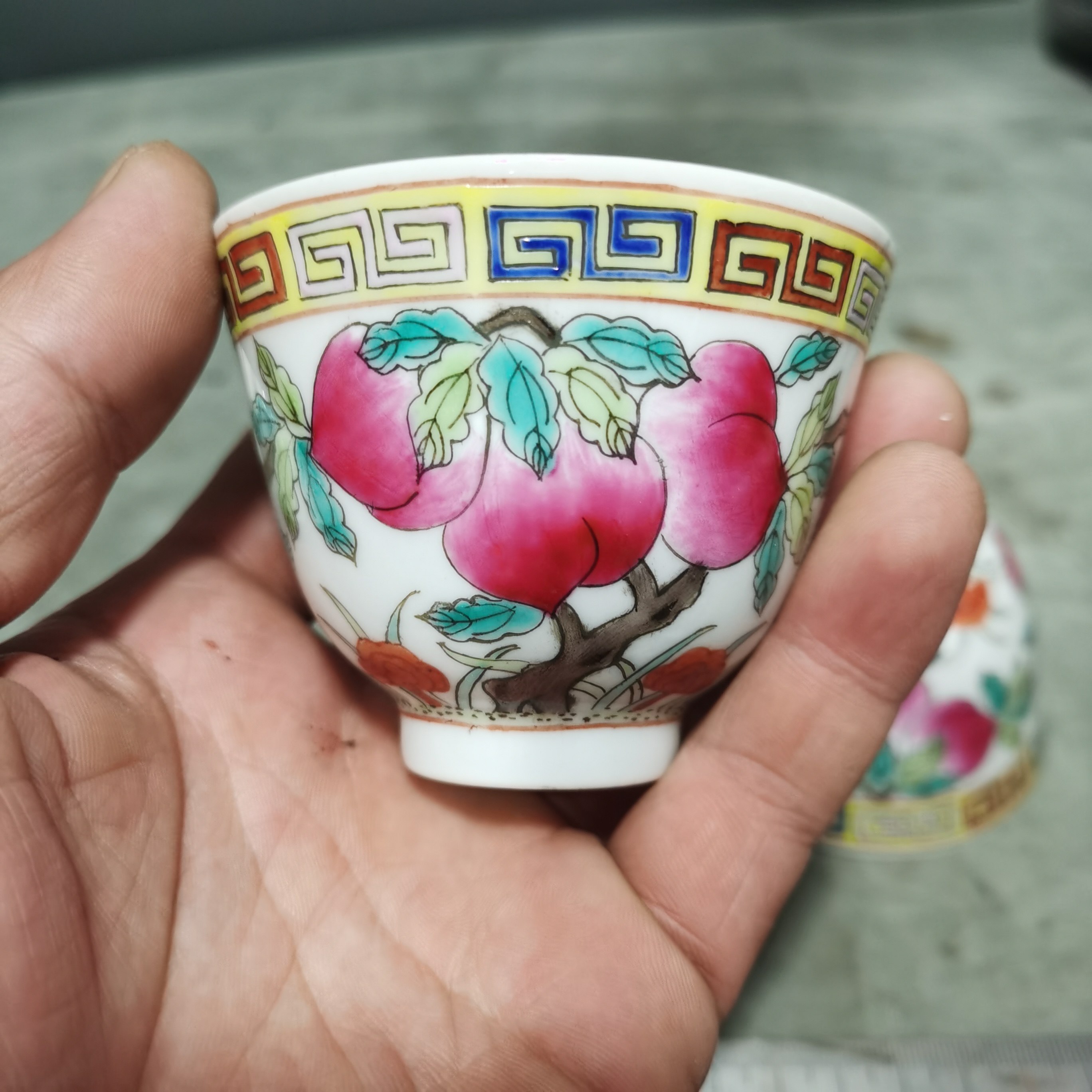 景德镇老库存厂货瓷器 全手工手绘粉彩寿桃茶杯品茗杯功夫茶杯