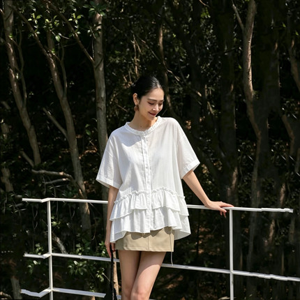 《恩佳专享》夏韩版气质花边不规则宽松百搭娃娃衫短袖ZL05S-615