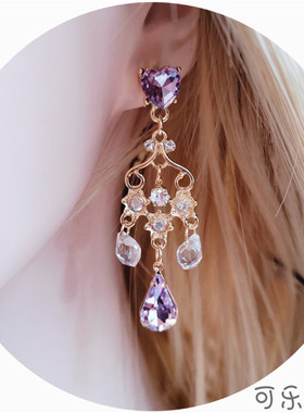 Lolita法式宫廷风紫色水晶长款耳钉名媛气质复古耳环银针耳饰