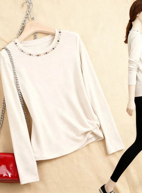 90-300斤大码女装秋季新款简约时尚圆领织带花边长袖休闲T恤上衣