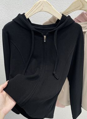 90-300斤大码女装鱼骨设计加绒加厚连帽卫衣休闲秋冬新款开衫上衣