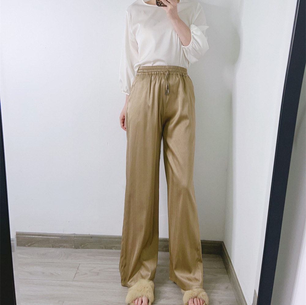 2025重磅真丝阔腿裤女夏季桑蚕丝驼色弹力缎面高腰显瘦直筒裤