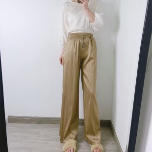 2025重磅真丝阔腿裤女夏季桑蚕丝驼色弹力缎面高腰显瘦直筒裤