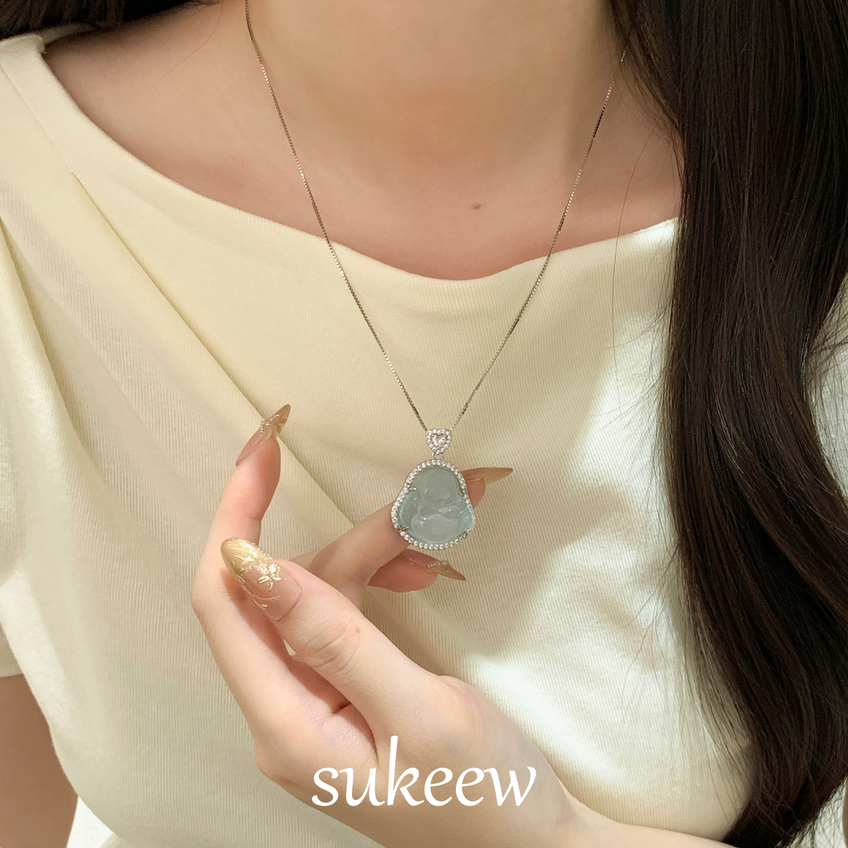 SUKEEW/酥可 开心佛公·新中式通体s925银玉髓弥勒佛吊坠项链女