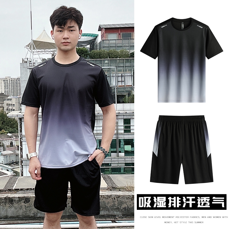 外贸出口短袖套装男潮牌冰丝速干薄款跑步一整套休闲运动衣服大码