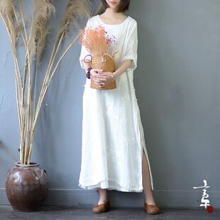 言午葵白色棉质绣花开叉长款改良旗袍女春夏棉麻女装中国风连衣裙