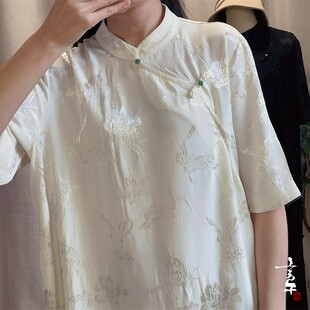 言午葵女式人丝提花新中式手工盘珠扣开襟旗袍立领短袖宽松连衣裙