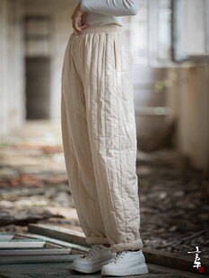 言午葵23冬棉麻女装夹棉加厚保暖休闲裤绗缝竖格个性小众女式棉裤