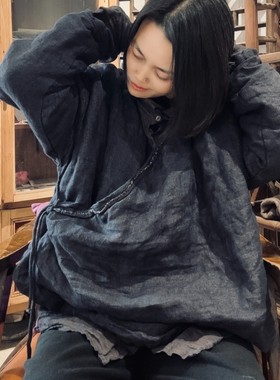 言午葵24/11 SN113 秋冬复古斜襟系带双层色织亚麻开衫外套