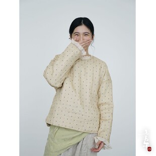 言午葵原创轻中式印花苎麻软糯小棉衣 田园生活加厚套头棉袄