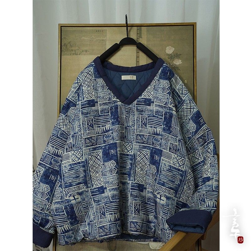 言午葵2025秋冬新款 亚麻印花V领套头宽松短款绗棉休闲棉服