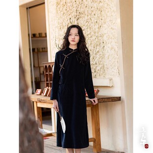 言午葵软糯匹马棉灯芯绒镶边手工盘扣改良旗袍连衣裙复古文艺长裙
