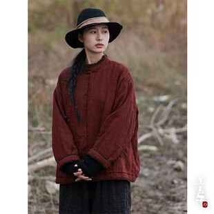 言午葵秋冬色织亚麻中式 斜襟棉服宽松复古文艺加厚保暖棉袄大码
