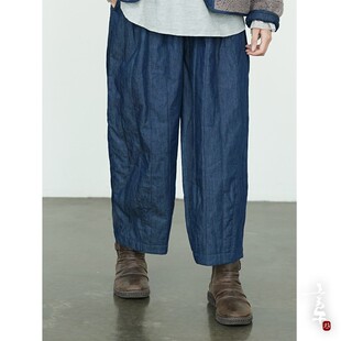 靴裤 言午葵原创冬季 复古怀旧加厚棉裤 九分裤 保暖牛仔直筒裤