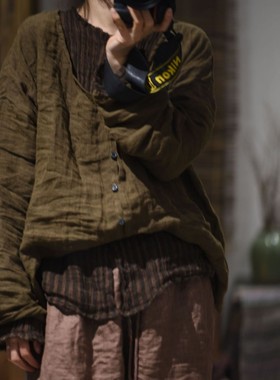 言午葵24/1/SN14 SN15文艺复古休闲色织工艺亚麻叠穿条纹开衫衬衫