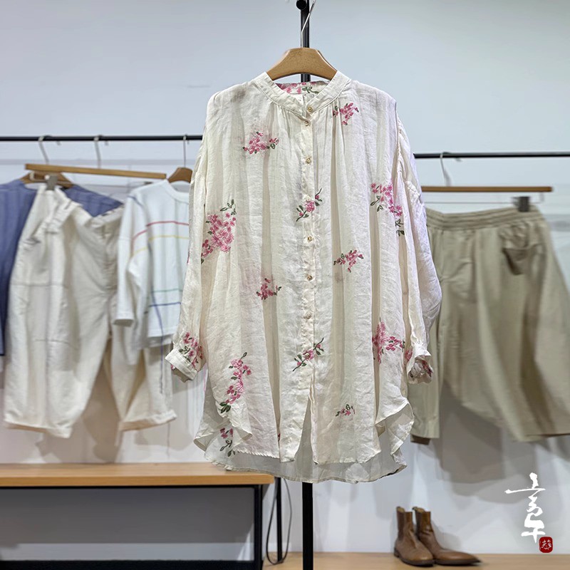 言午葵民族风森系娴雅夏款新品立领重工刺绣花宽松麻料中长款衬衫