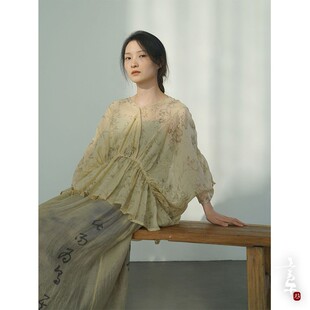 言午葵原创中国风丝棉印花蝙蝠袖宽大衬衫 仙气薄透V领古典式上衣