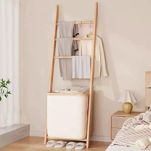 日式 浴室卫生间实木靠墙毛巾架毛巾杆衣帽架小梯子衣架梯形置物架
