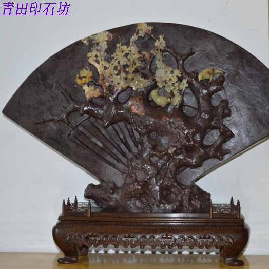 昌化寿山石山炮绿鸡血原石精品青田周村龙蛋石雕摆件(鸟语花香)