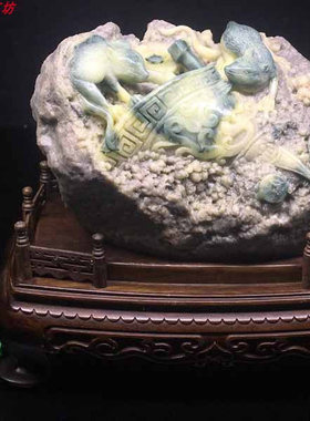 四川绿冻芙蓉原石LW11手工精品老青田封门皮蛋绿代代数钱石雕摆件